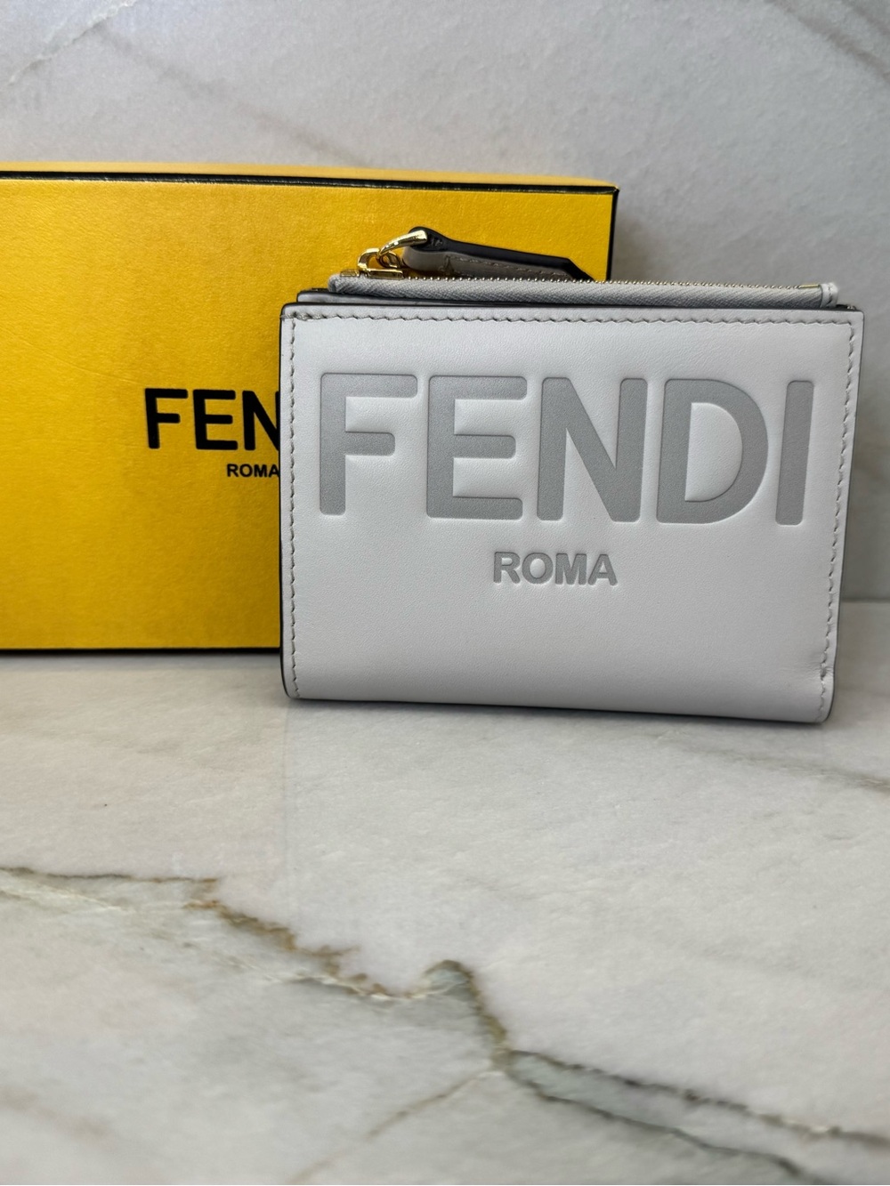 Fendi Roma Embossed Leather Wallet - Light Gray and Gold Zip
